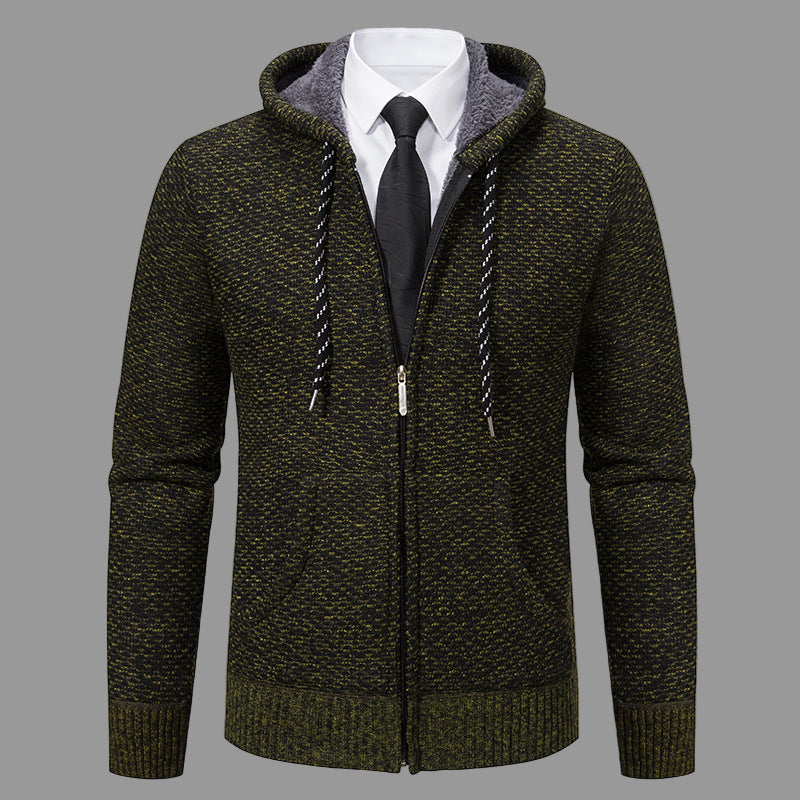Men's heather knit hooded cardigan full zip smart casual style with ribbed cuffs