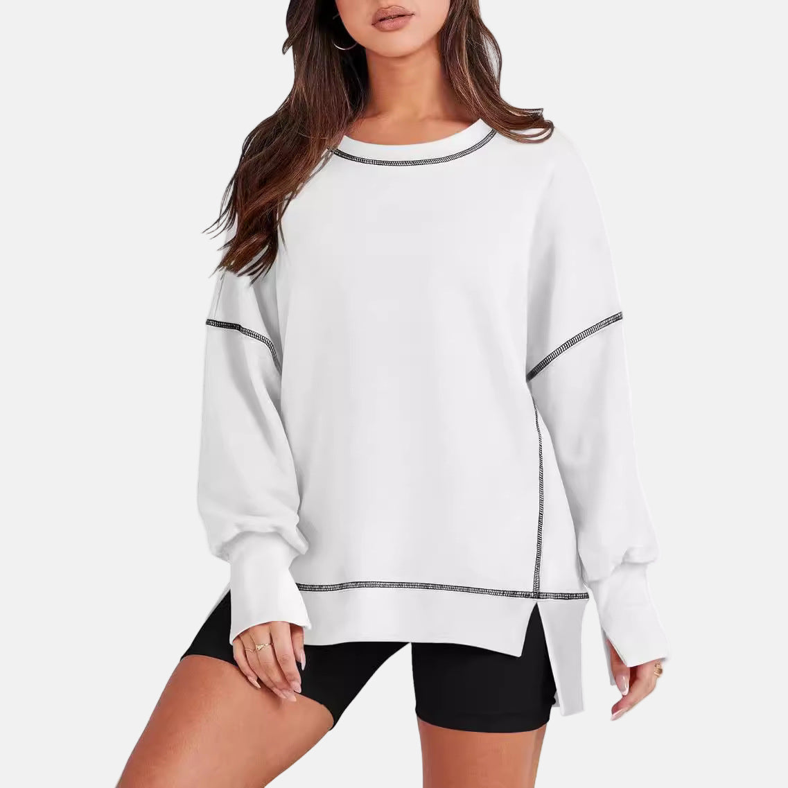 Women's oversized casual pullover sweatshirt relaxed fit with side slits, perfect for cozy layering