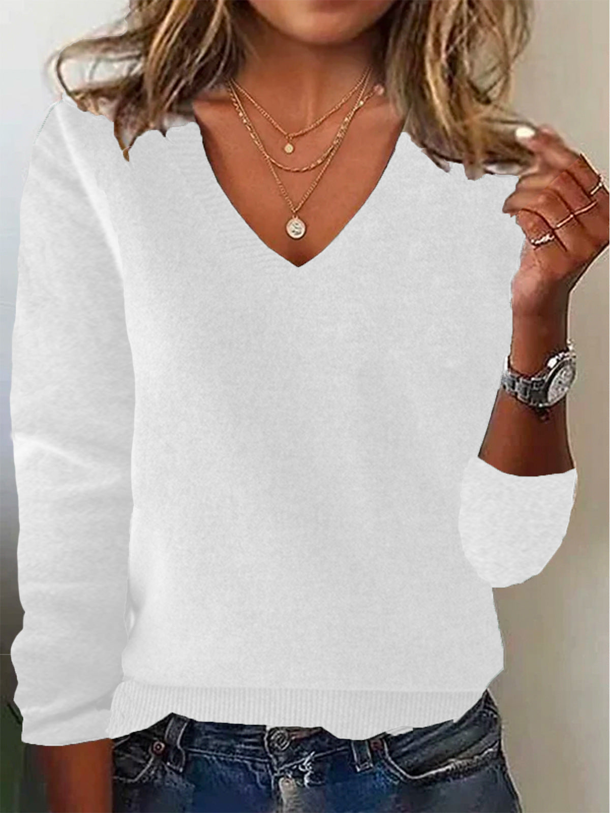 Women's relaxed fit wool knit V-neck pullover sweater, long sleeve casual style