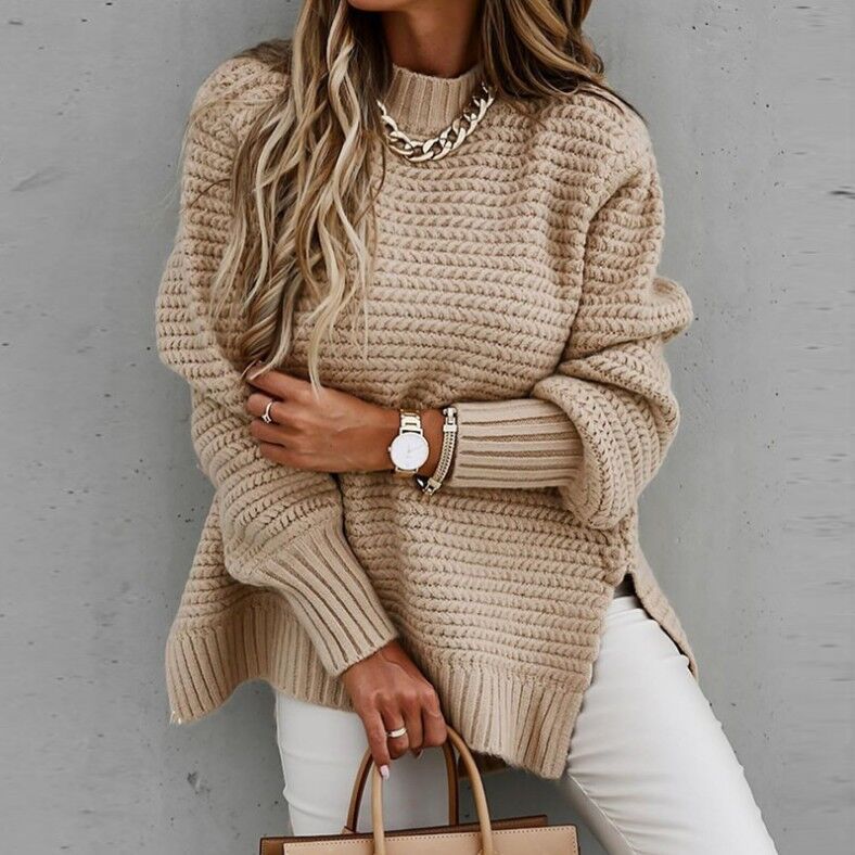 Jade green chunky knit oversized sweater with high neck and ribbed cuffs