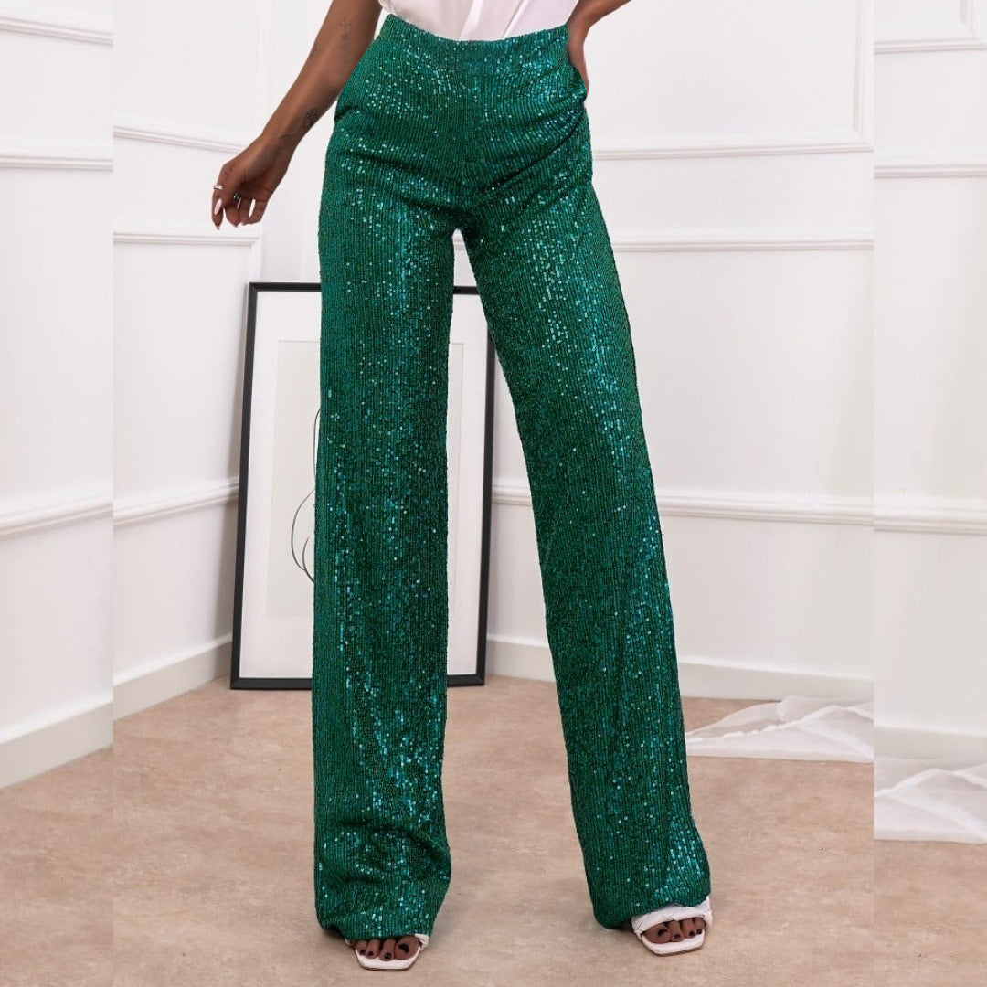 Women's silver full-sequin straight-leg relaxed fit evening pants, full-length glamorous occasion wear