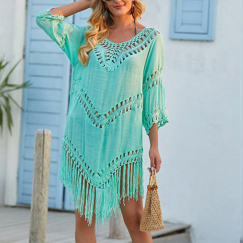 Women’s Cover-Up Dress – Relaxed Fit – Crochet Trim – Fringe Hem – Cotton Blend Fabric - Wavlynn