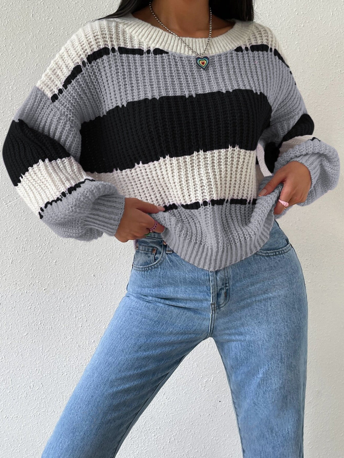 Women's striped knit pullover sweater cozy relaxed fit with classic multicolor stripe pattern