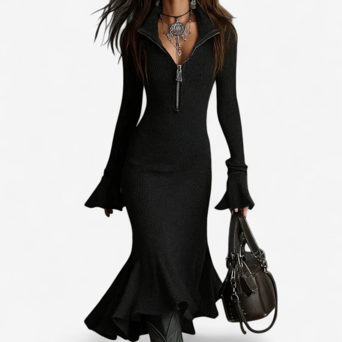 Black collar zip dress with tailored neckline and sleek front zip closure for day-to-night style