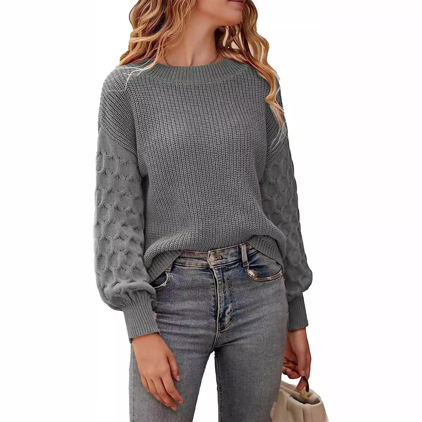 Lily cream chunky knit sweater relaxed fit with textured sleeve pattern for fall winter