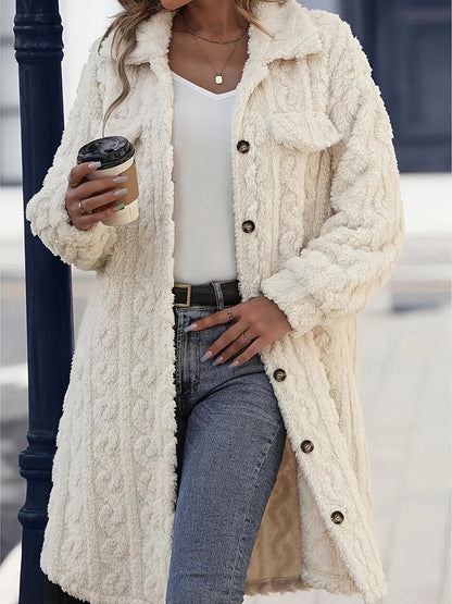 Women's cream white longline plush teddy coat minimalist silhouette ultra-soft cozy warmth