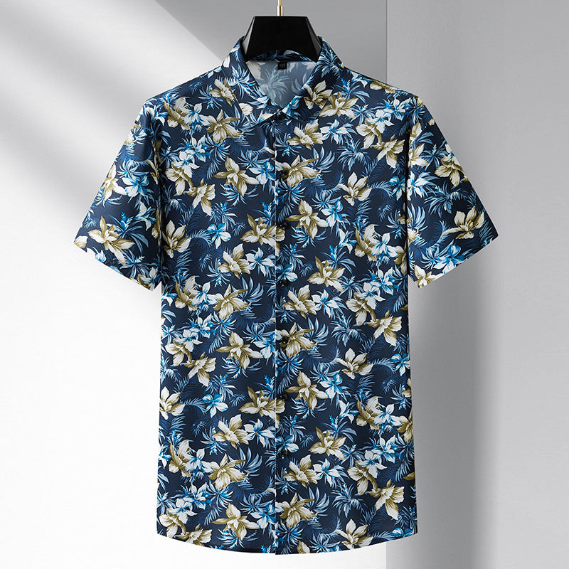 Blue and yellow Hawaiian hibiscus button-up shirt, lightweight moisture-wicking ice silk casual fit