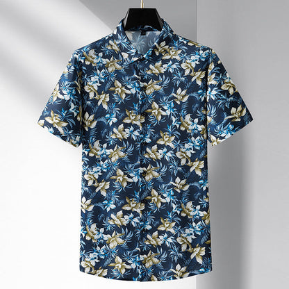 Blue and yellow Hawaiian hibiscus button-up shirt, lightweight moisture-wicking ice silk casual fit