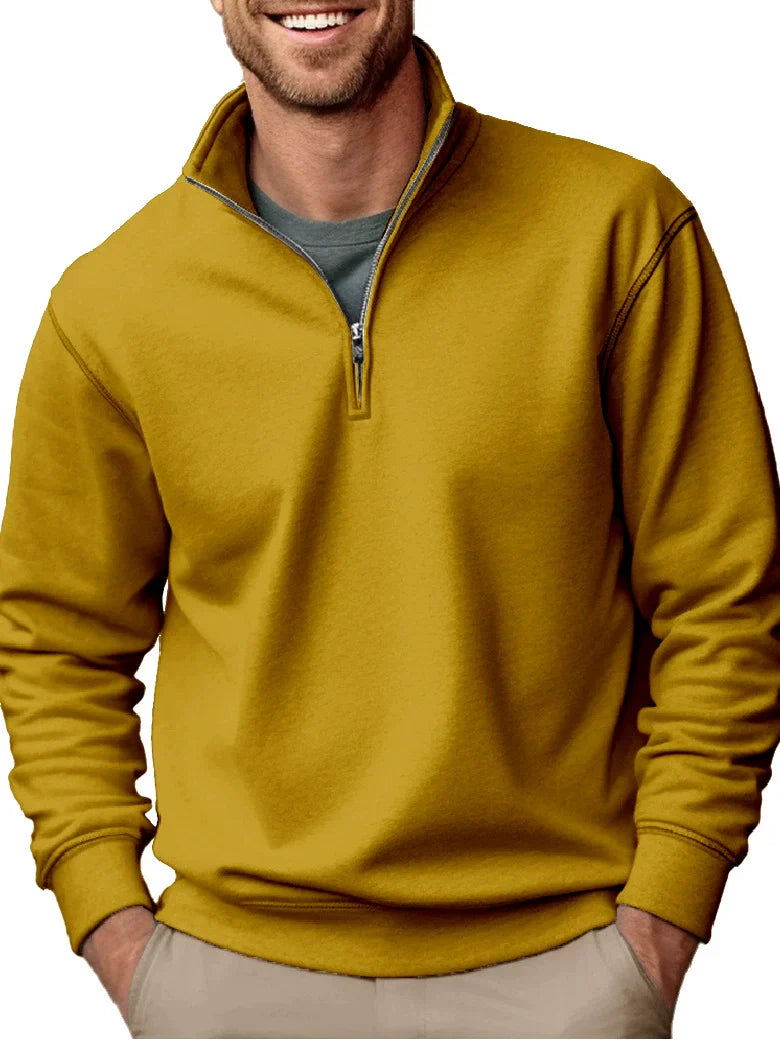 Men's regular fit fleece quarter-zip sweatshirt with stand collar and ribbed hem, casual fall style