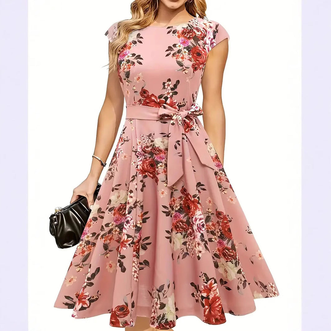 Wavlynn Elodie midi chic dress A-line silhouette waist-tie knot round neckline lightweight fluid fabric