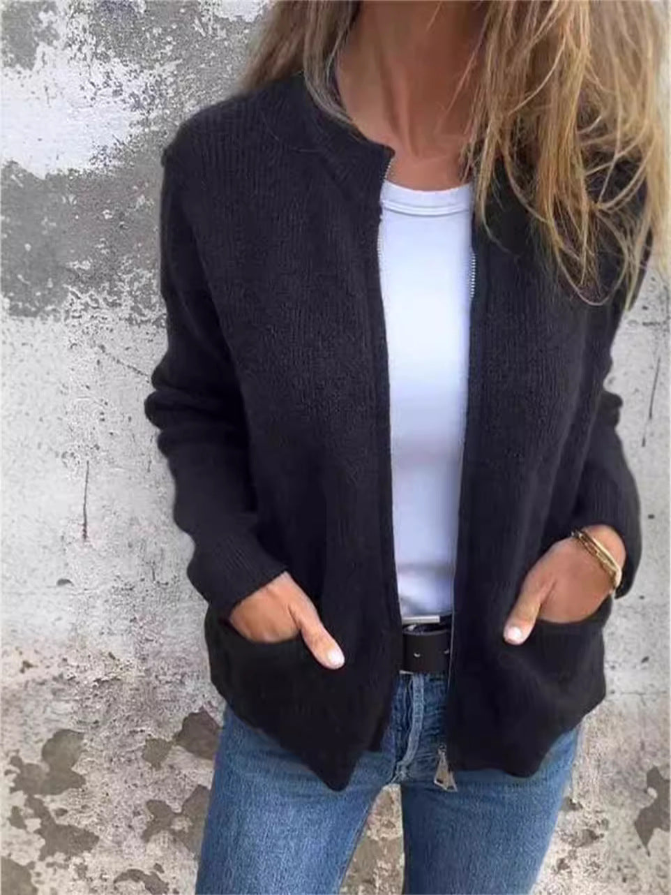 Women's ribbed knit jacket loose fit stand-up collar zipper front pockets casual outerwear