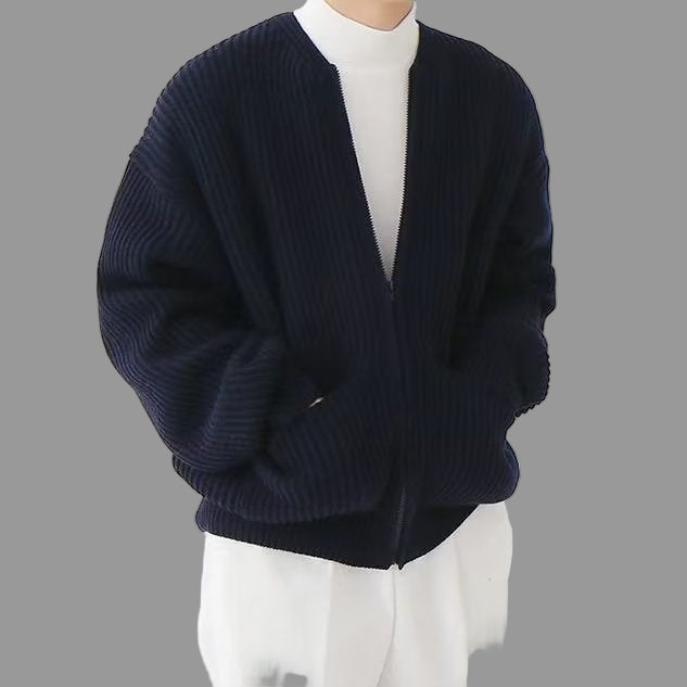 Men's oversized cotton blend cardigan jacket with band collar and full zip in neutral tone