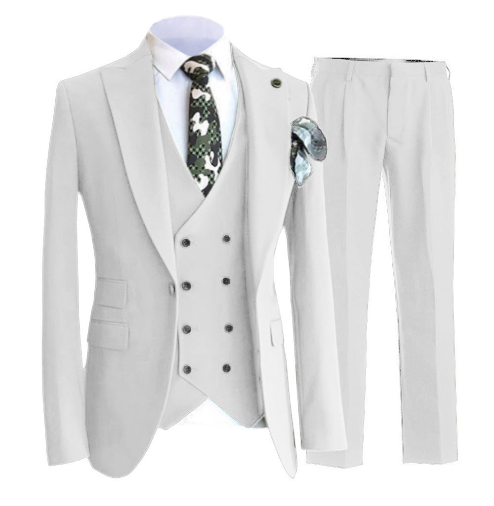 Men's slim fit double-breasted vest set, navy peak lapel, tailored formal silhouette