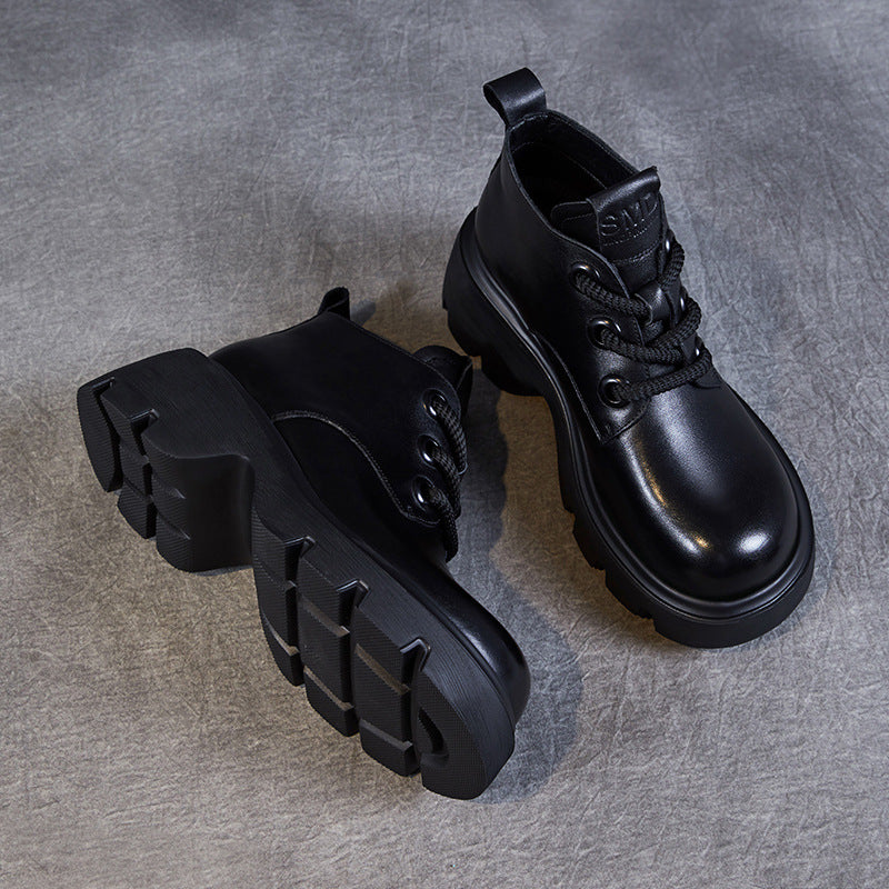 Women's genuine leather lace-up ankle boots, high shaft thick sole, black rugged-chic silhouette