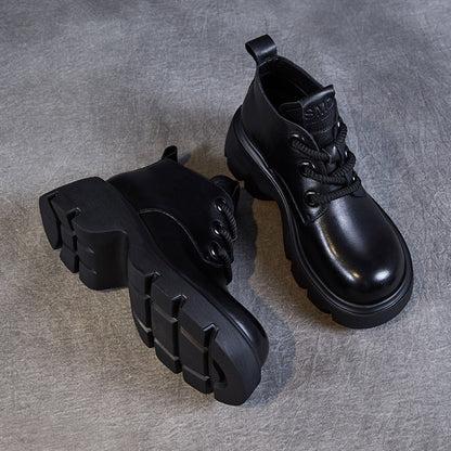 Women's genuine leather lace-up ankle boots, high shaft thick sole, black rugged-chic silhouette