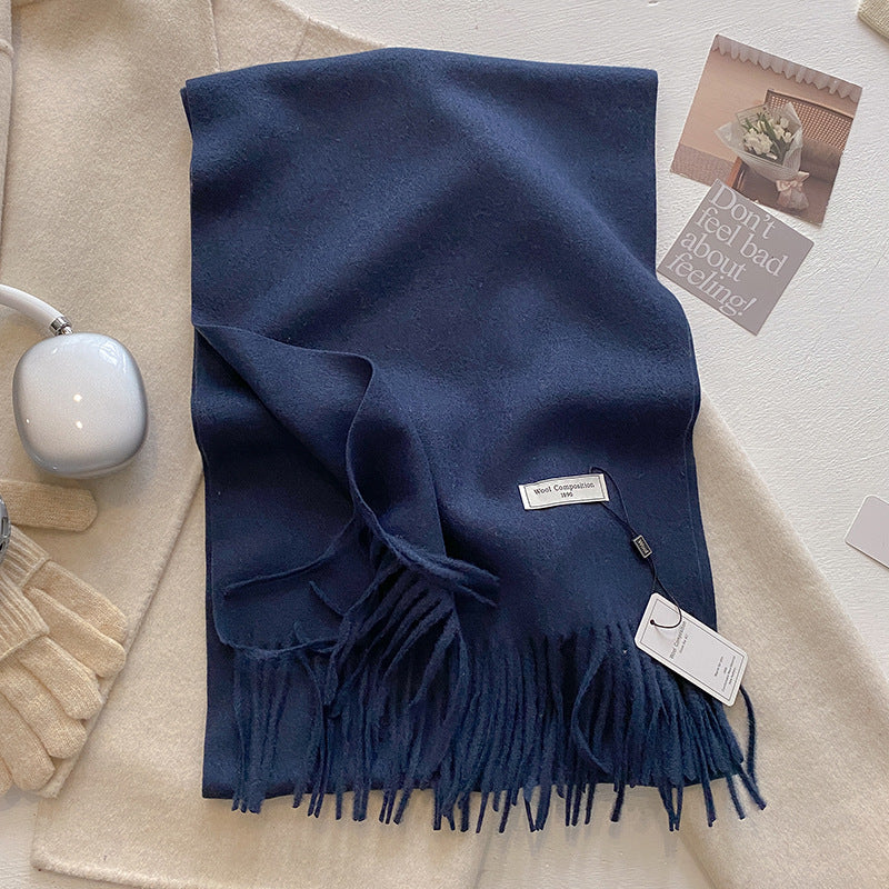 Soft plain tassel scarf shawl in neutral tone, lightweight wrap with fringe hem detail