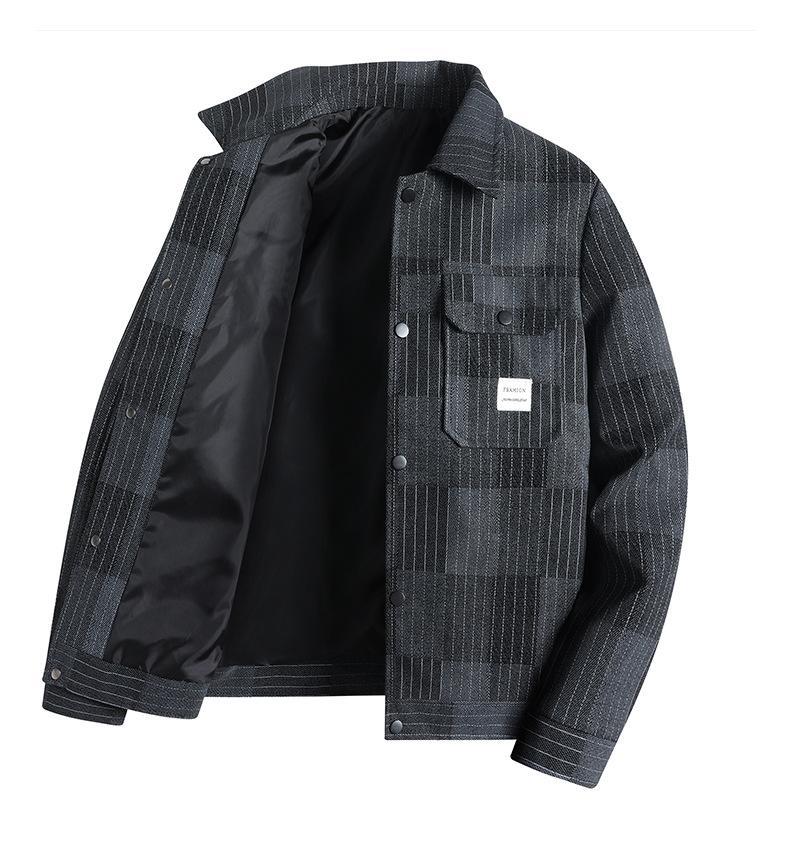 Navy blue pinstripe tailored sports jacket with structured down collar and slim refined silhouette