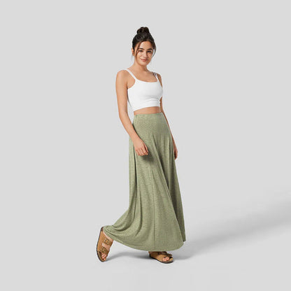 Women's full-length loose fit high waist knit skirt in casual neutral tone with relaxed silhouette