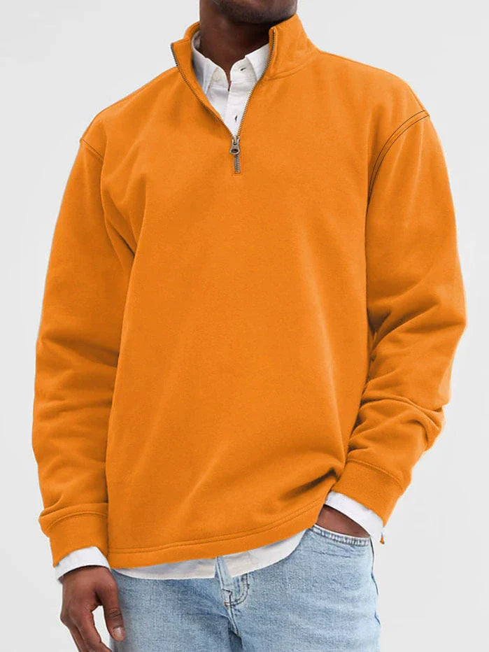 Men's grey cotton-blend sweatshirt relaxed fit stand collar zip front ribbed hem casual layer