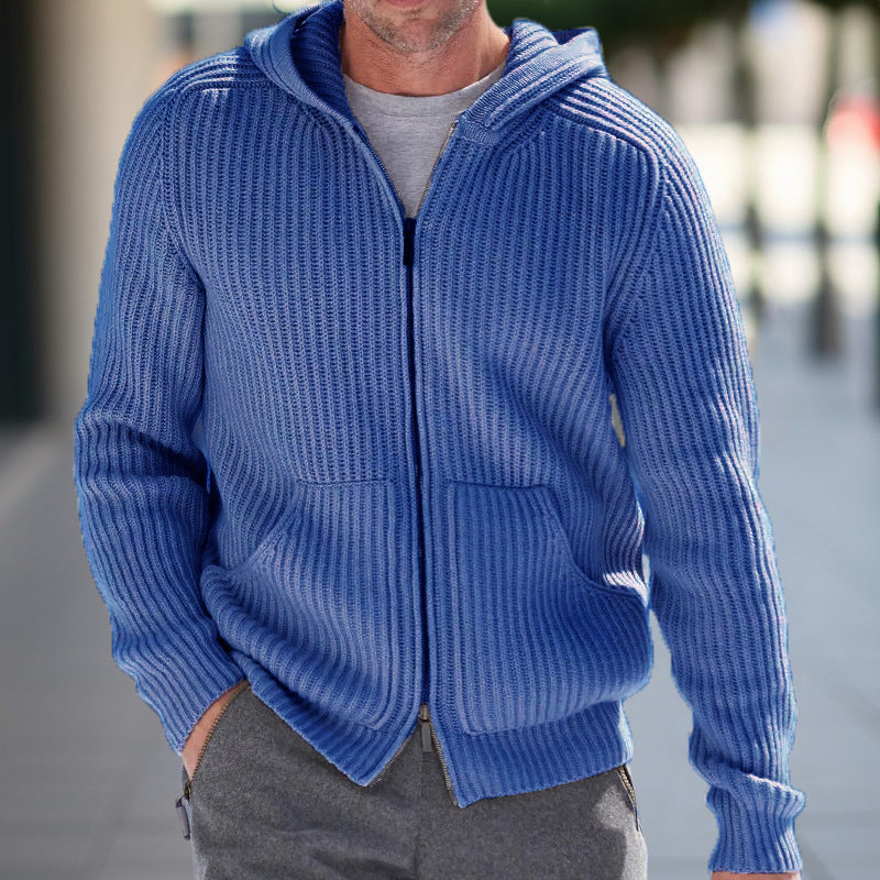 Men's grey ribbed knit hooded cardigan relaxed fit full-zip closure casual layering long sleeve