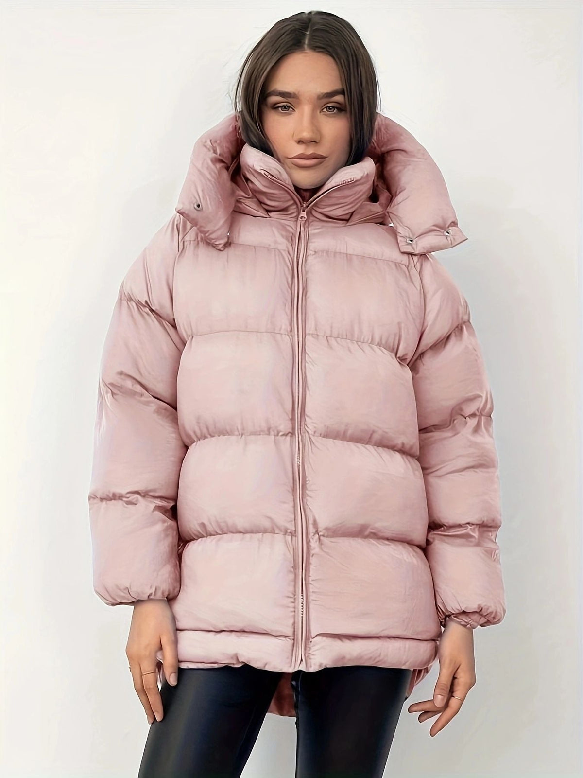 Unisex quilted midi puffer coat in neutral tones, thick insulated winter jacket with polished silhouette