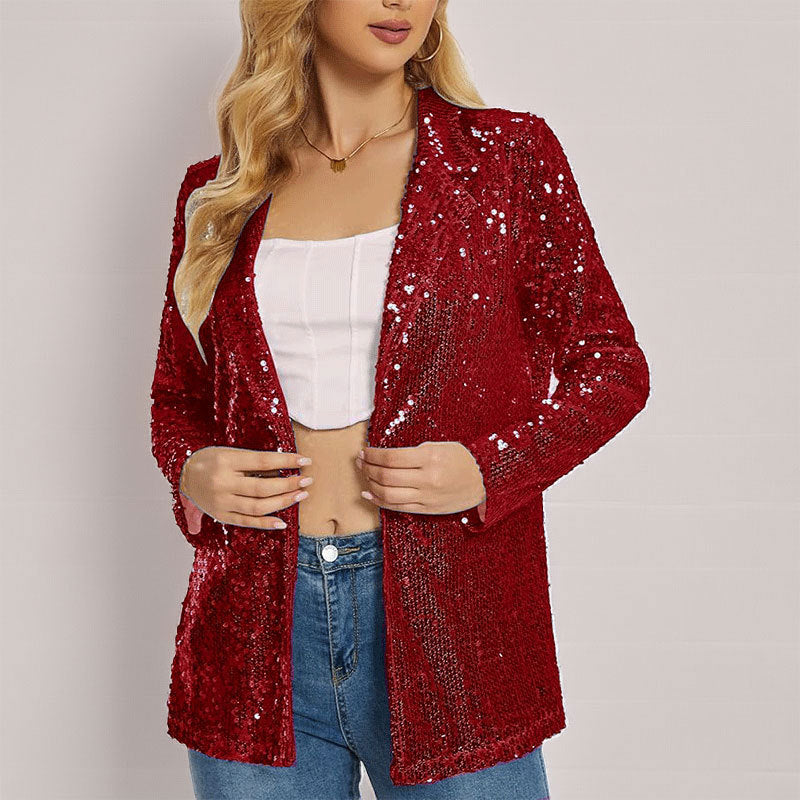 Women's silver sequin blazer tailored fit open front long sleeves evening wear festive look