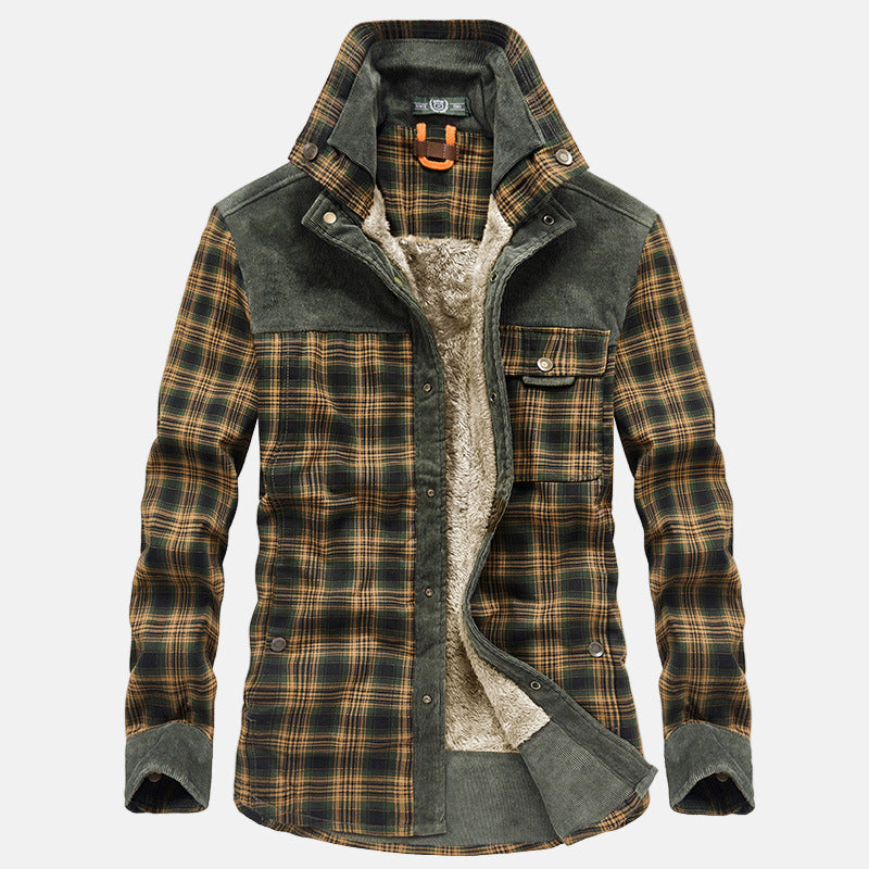 Plaid flannel shirt jacket with corduroy contrast, relaxed fit, and sherpa-fleece lining