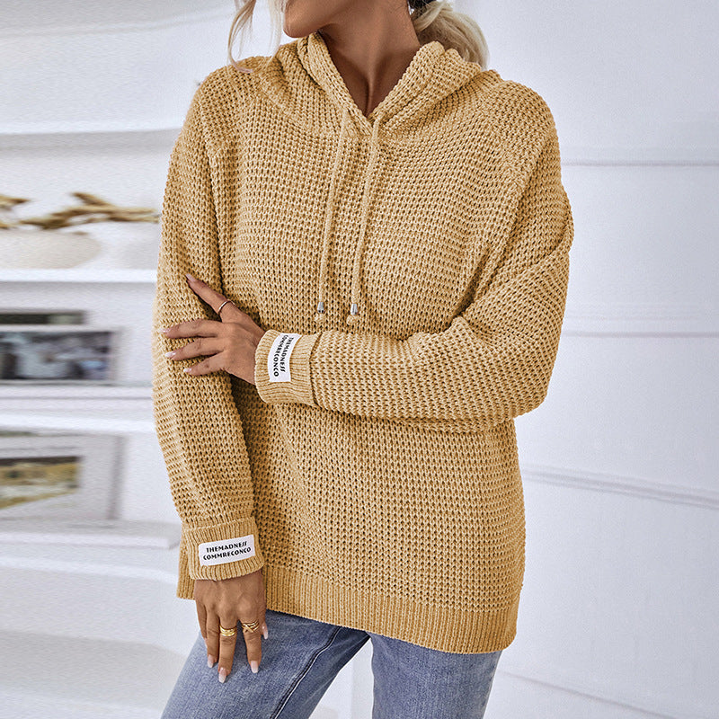 Women's chenille knit pullover hoodie in soft neutral tone, ultra-plush drawstring hooded sweater