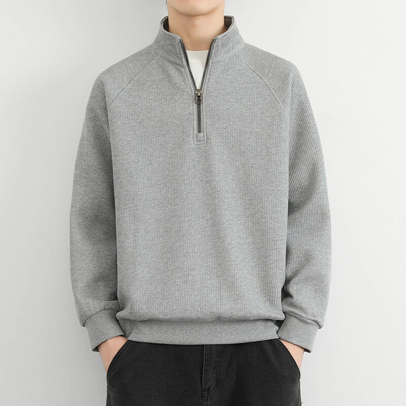 Men's ribbed half-zip sweatshirt high collar relaxed fit casual cotton blend everyday layer
