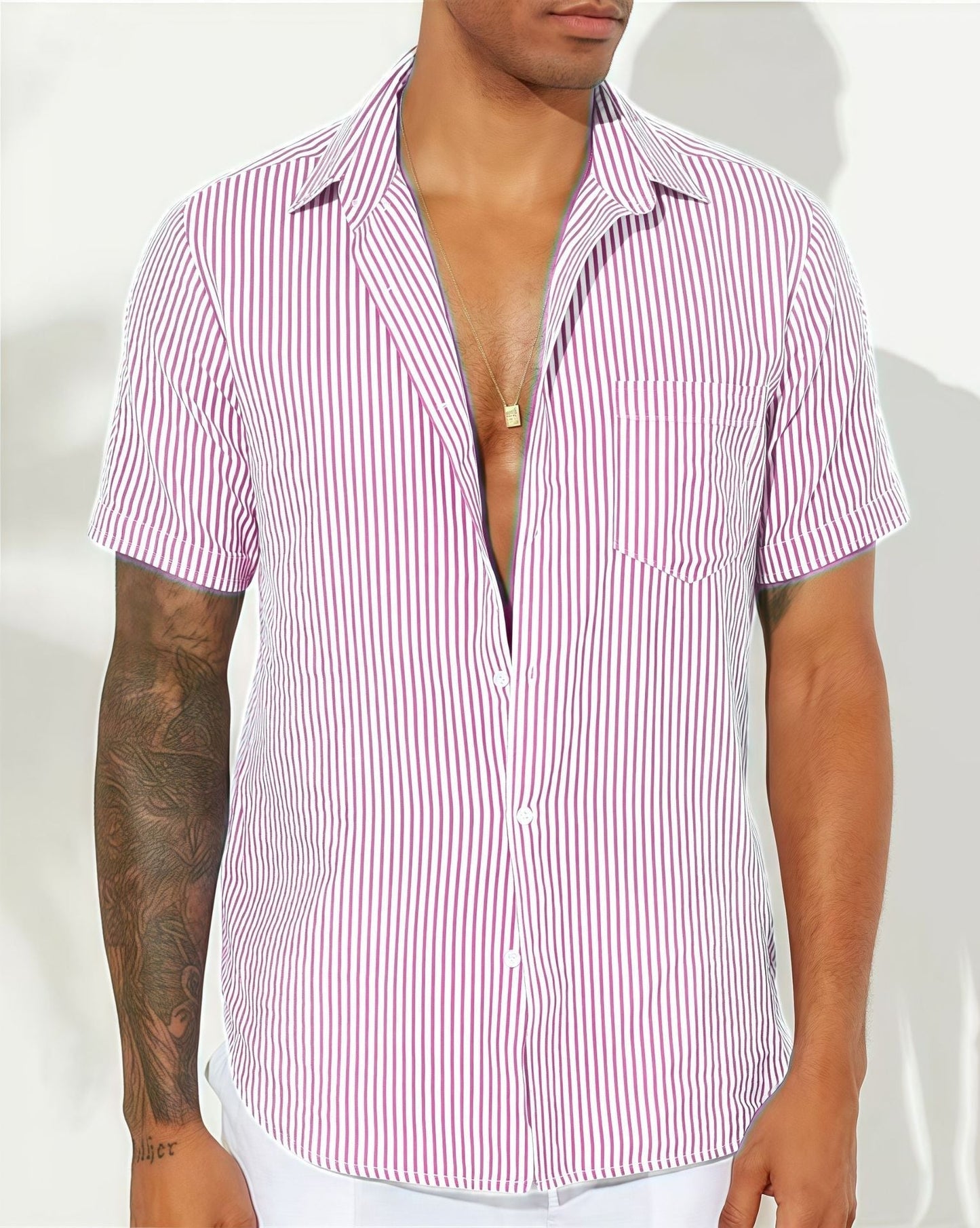Men's relaxed fit short sleeve button-up shirt vertical stripes cotton blend casual wear