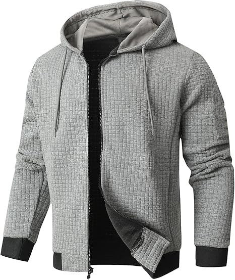 Men's navy quilted bomber jacket hooded full-zip waffle-knit texture all-season layering