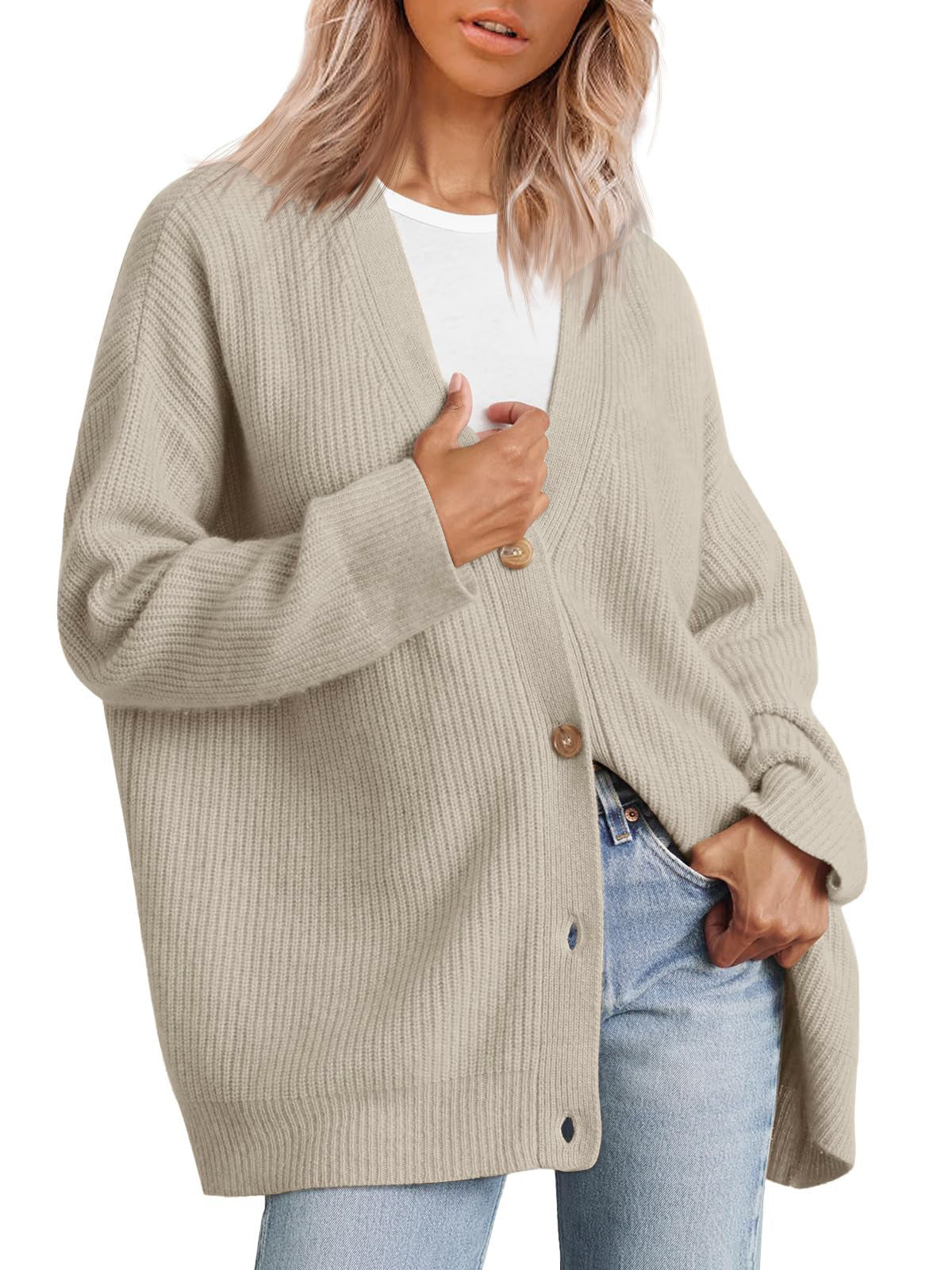 Striped knit cardigan oversized fit V-neckline button-down cozy layering piece for women