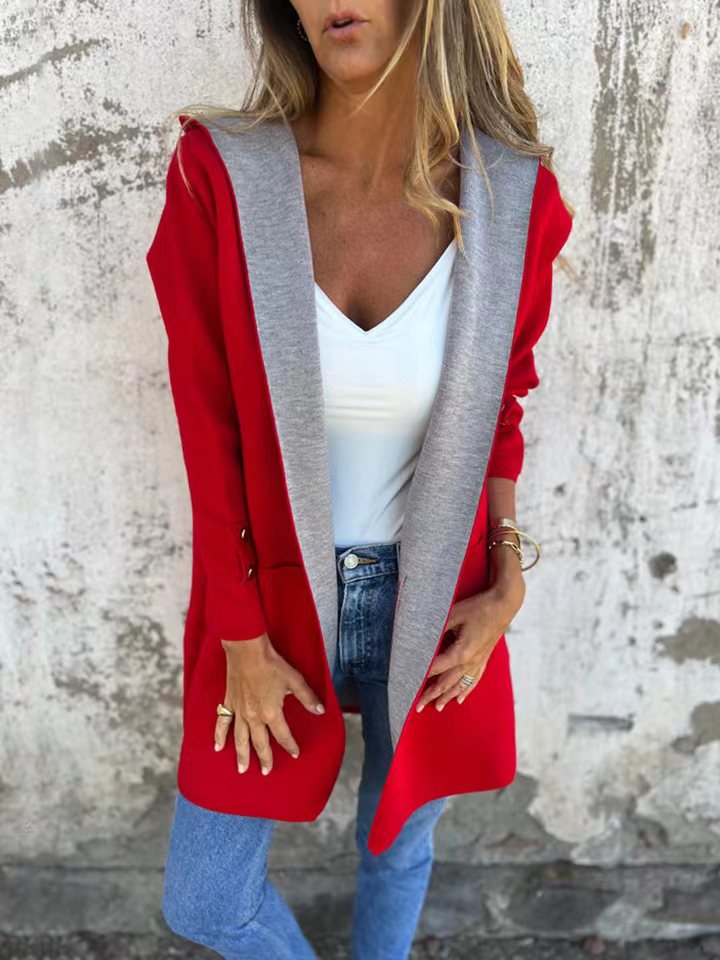 Women's soft knit longline hooded cardigan relaxed fit cozy layer in neutral tone