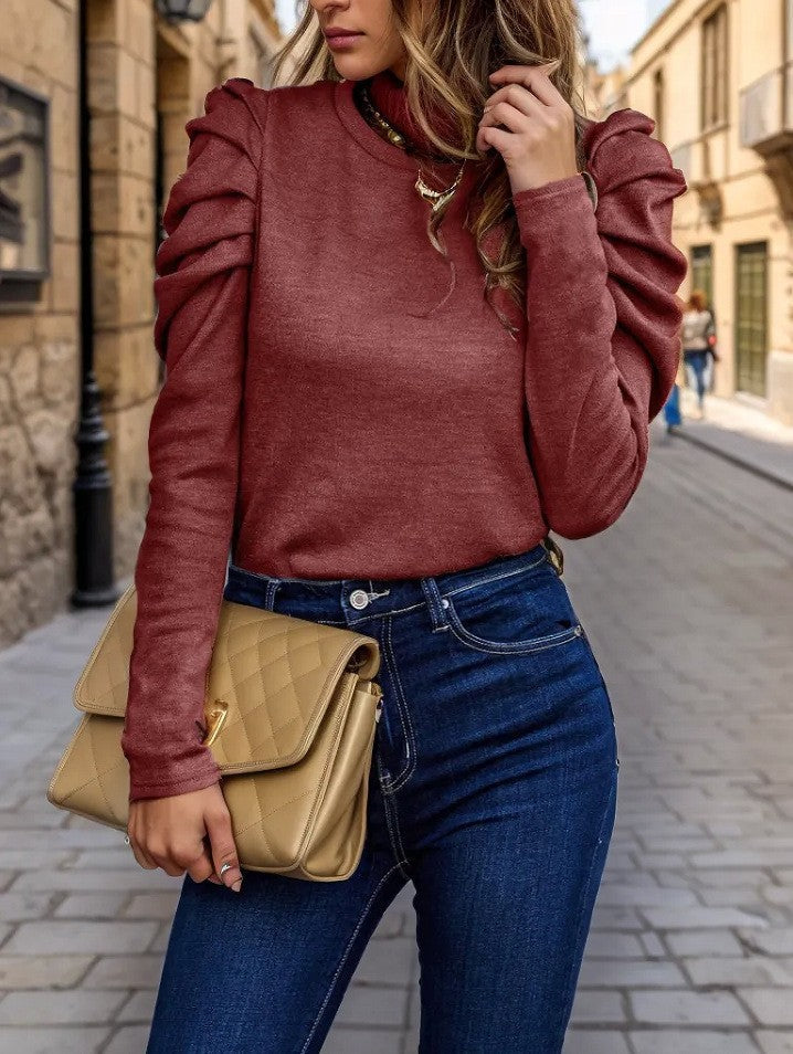 Women's soft knit crew neck sweater regular fit with trendy puff sleeves for casual everyday style