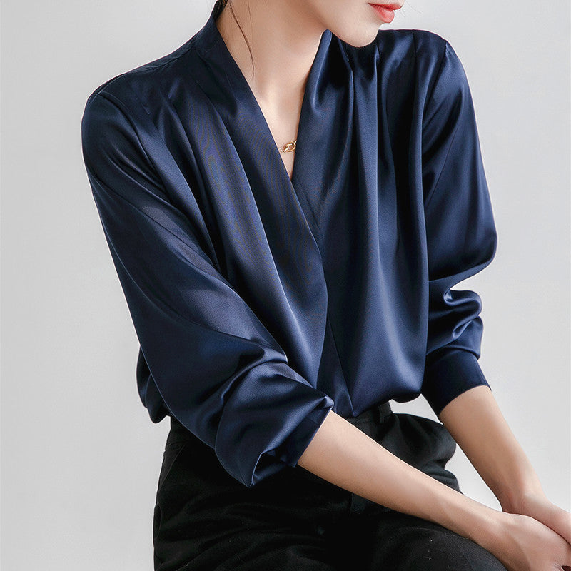 Women's satin V-neck blouse slim fit long sleeve wrap pleats elegant executive style lightweight