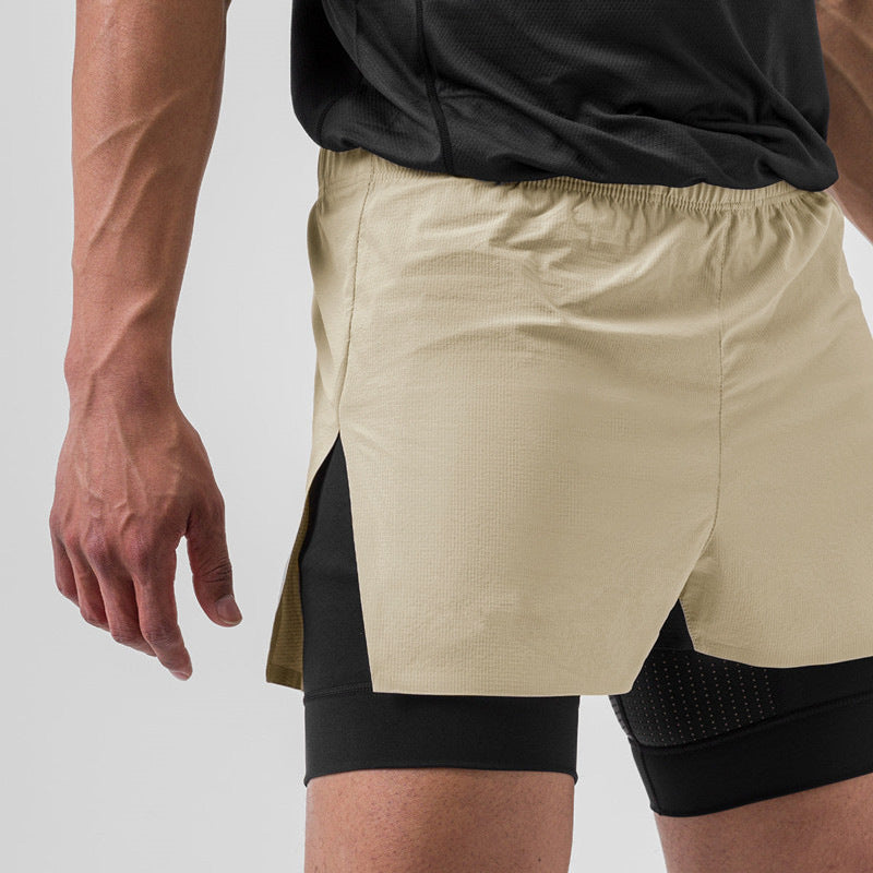 Men's black double-layer supportive training shorts with breathable lightweight fabric for runners