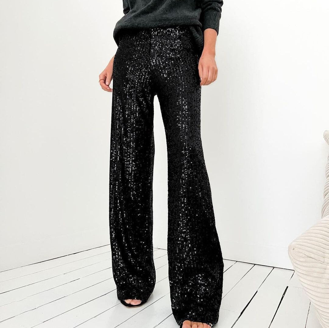 Women's silver full sequin straight-leg pants relaxed fit full length evening wear