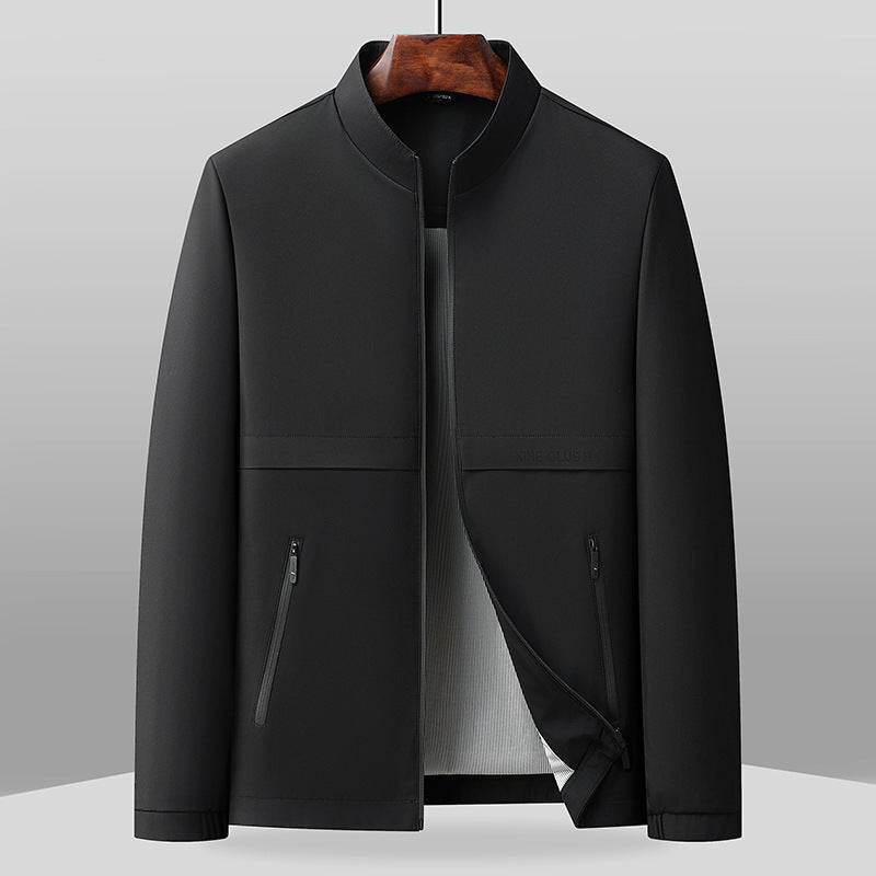 Men's regular fit jacket band collar full zip side zipper pockets hip length casual versatile style