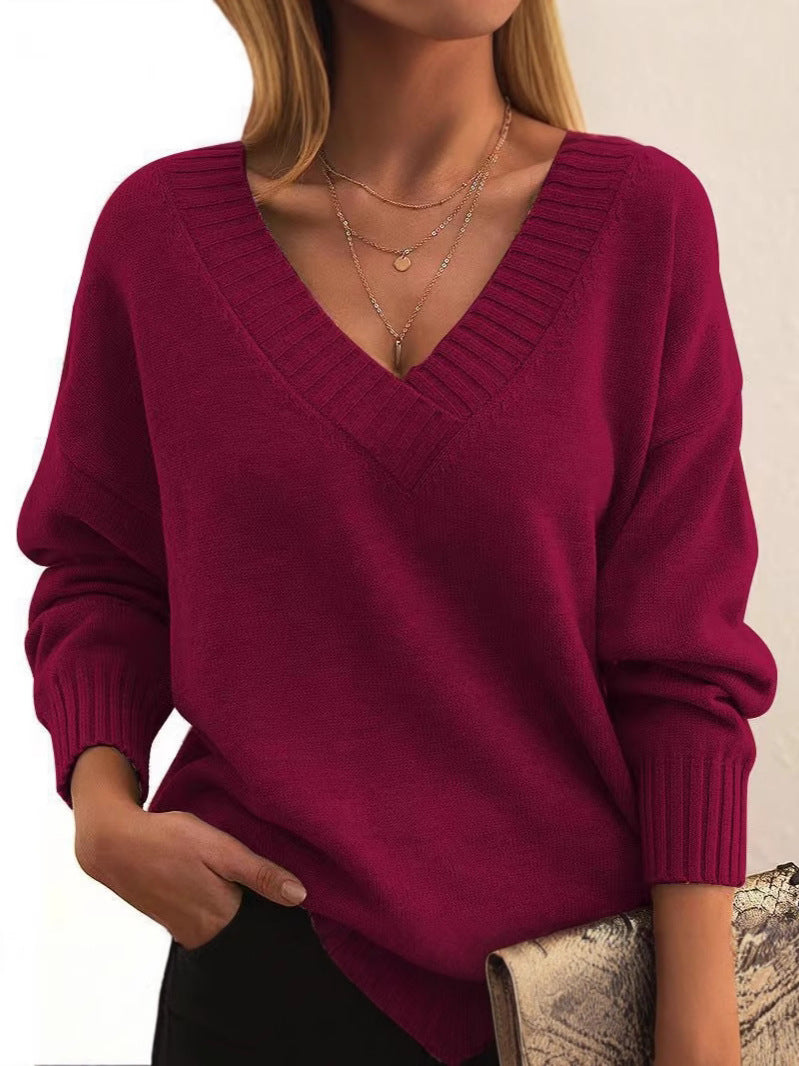 Women's cozy soft knit V-neck sweater relaxed fit with ribbed cuffs, versatile fall style