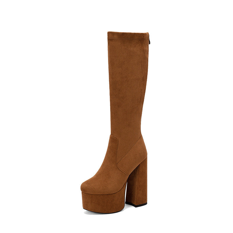 Women's knee-high suede boots tailored fit chunky platform heel with back zipper closure