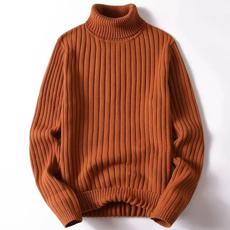 Men's blue ribbed knit fold-over turtleneck sweater cotton blend hip-length long sleeve