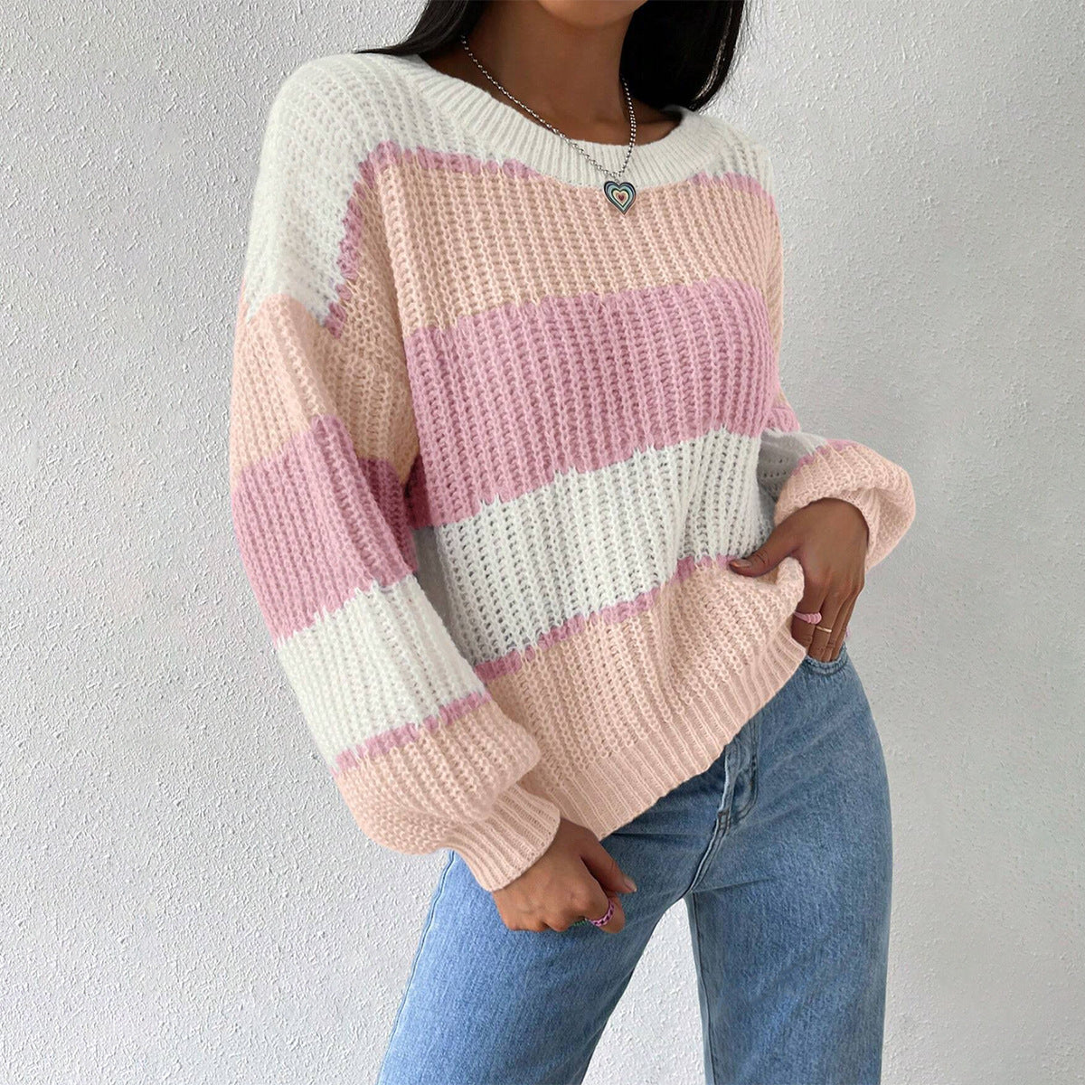 Women's striped knit pullover sweater cozy soft fabric classic everyday style