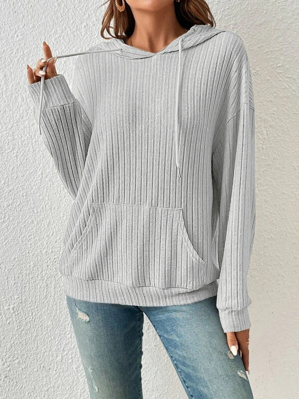 Beige ribbed knit relaxed-fit hoodie with kangaroo pocket, casual everyday style