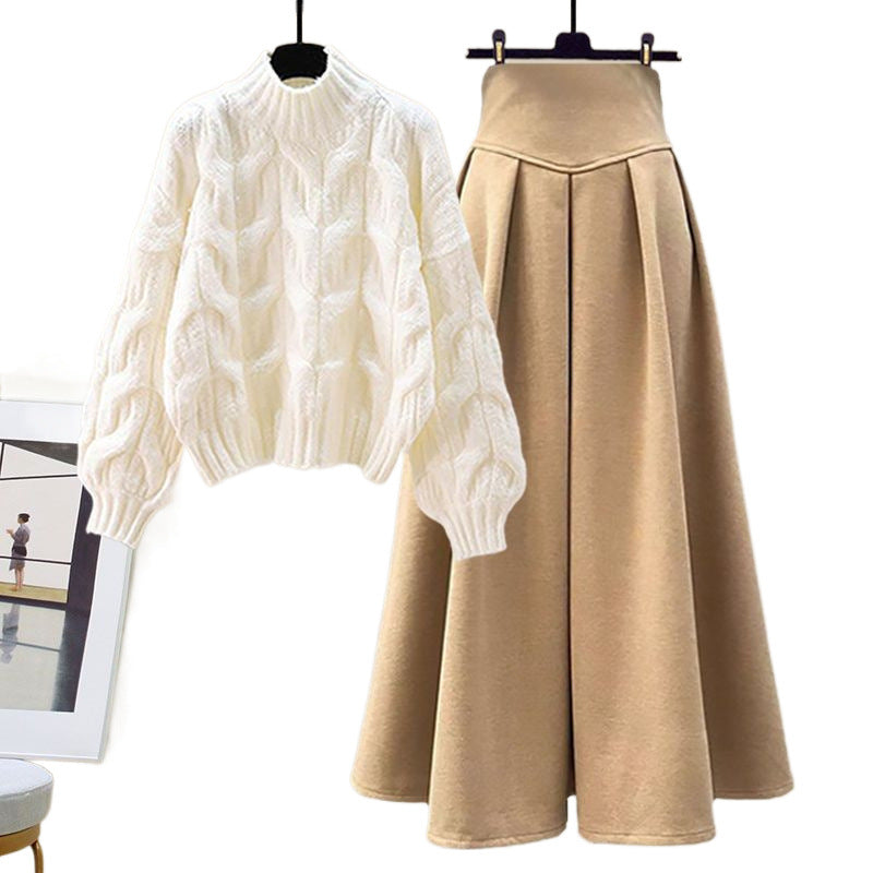 Women's wool cable knit sweater and pleated high-waist midi skirt two-piece set, cozy autumn style