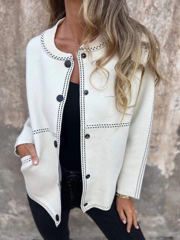 Women's loose fit knit cardigan in soft neutral, button-front round neck hip-length cozy layer