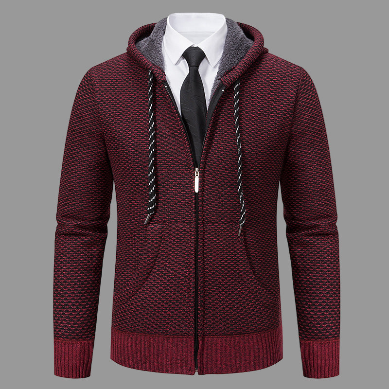 Men's grey hooded cardigan knit blend full-zip smart casual style with ribbed cuffs