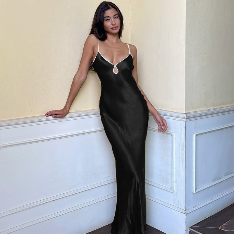 Women's satin-look slip dress slim fit strap sleeves keyhole detail elegant evening wear