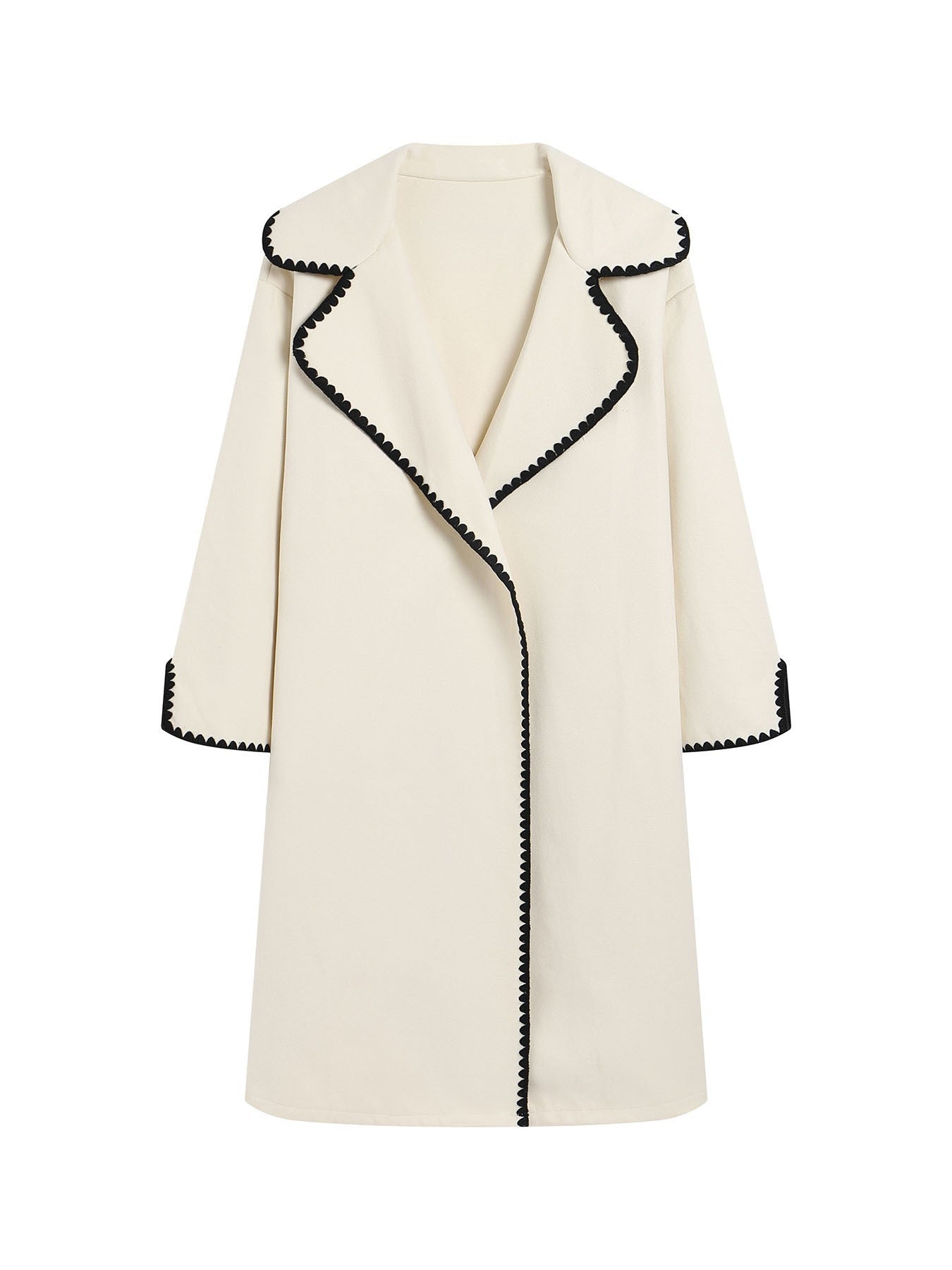 Women's oversized wool windbreaker jacket with lapel collar and delicate shell embroidery detail