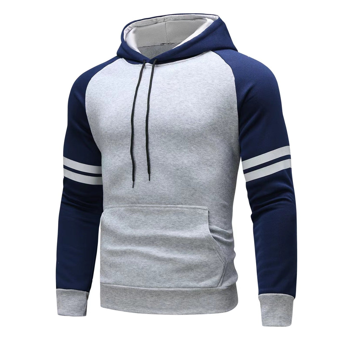 Men's gray cotton blend pullover hoodie with raglan sleeves, regular fit athleisure sweatshirt