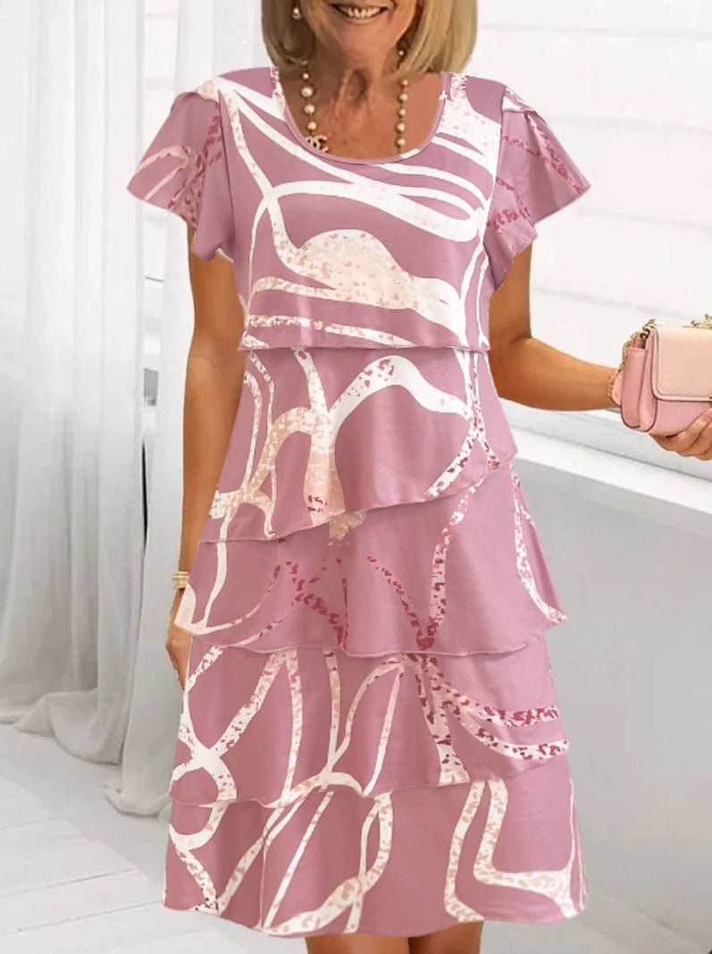 Women's floral midi dress relaxed fit with tiered ruffles and delicate flutter sleeves